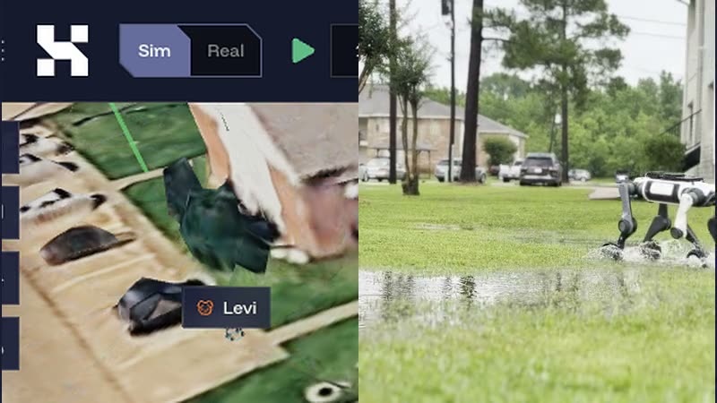 Split view: the Houdini simulator beside the real robot walking the same site